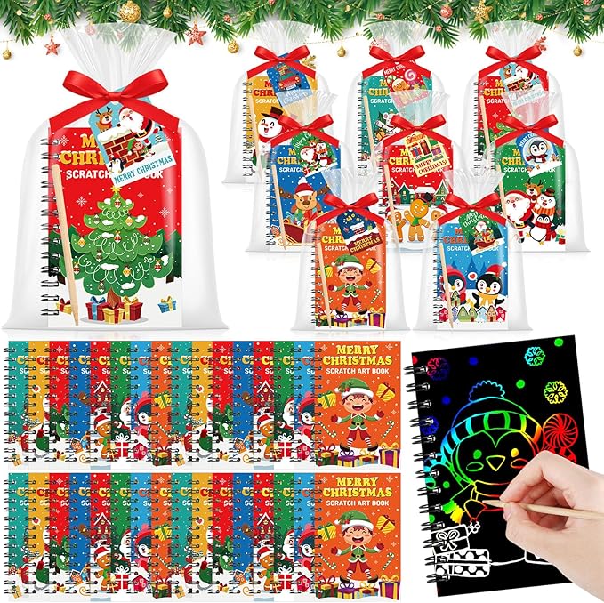 Funrous 48 Pack Christmas Party Favors Xmas Scratch Crafts Gifts Christmas Rainbow Scratch Art Notebooks Bulk Stocking Stuffers Coloring Books for Xmas Gift Birthday Party Activities Supplies