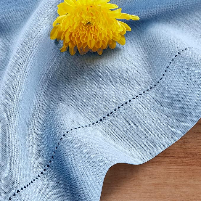 Solino Home Linen Cloth Placemats Set of 4-100% Pure Linen Hemstitch Cornflower Blue Placemats 14 x 19 Inch - Classic Hemstitch Table Place Mats for Christmas, Holiday, New Year