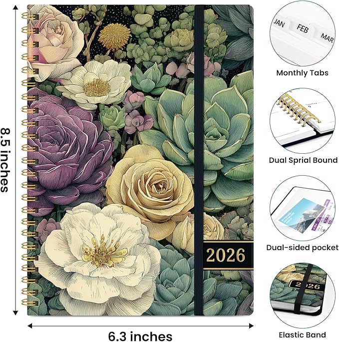 2026 Planner, Weekly and Monthly Planner for Women, Jan 2026 - Dec 2026 Pretty 2026 Calendar Planner with Monthly Tabs, Inner Pocket, Spiral Binding, Perfect for Office Home School - 6.3" x 8.5", Succulent