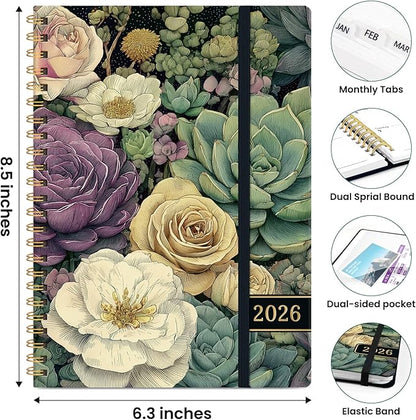 2026 Planner, Weekly and Monthly Planner for Women, Jan 2026 - Dec 2026 Pretty 2026 Calendar Planner with Monthly Tabs, Inner Pocket, Spiral Binding, Perfect for Office Home School - 6.3" x 8.5", Succulent