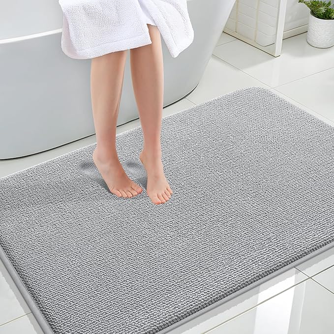 OLANLY Thick Memory Foam Bath Mat Rug 44x32, Extra Soft Absorbent Bathroom Rug, Quick Dry Bath Mats, Non-Slip, Machine Washable Carpet for Bathroom, Tub and Shower, Home Decor Accessories, Light Grey