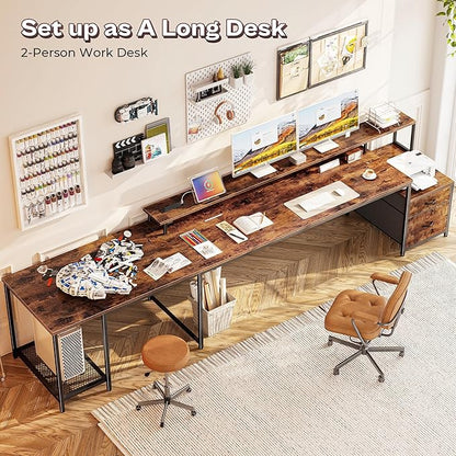 PRAISUN 66" L Shaped Gaming Desk with LED Lights & Power Outlets, Computer Desk with Fabric Drawers and Print Stand, Corner Office Desk, Monitor Stand, Mesh CPU Stand, Rustic Brown