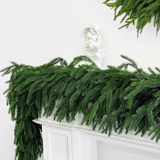 TOKCARE 6FT Real Touch Norfolk Pine Garland, 2 Pcs Artificial Christmas Greenery Garland for Mantle, Fireplace, Table, Indoor Outdoor Xmas Decor
