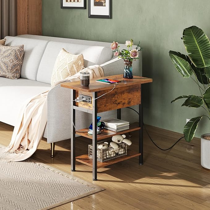 WLIVE End Table with Charging Station, Flip Top Narrow Side Table with Storage Shelf, Small Nightstand with USB Ports and Outlets,Bedside Table for Living Room, Bedroom,11.81" D x 23.62" W x 24.33" H