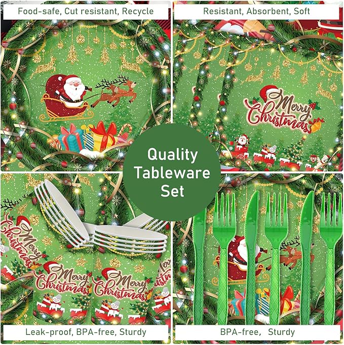 168PCS Christmas Plates and Napkins, Cartoon Santa Claus Snowman Christmas Disposable Dinnerware Set Party Supplies, Green Holiday Paper Plates Napkins Cups Cutlery for Xmas Serves 24