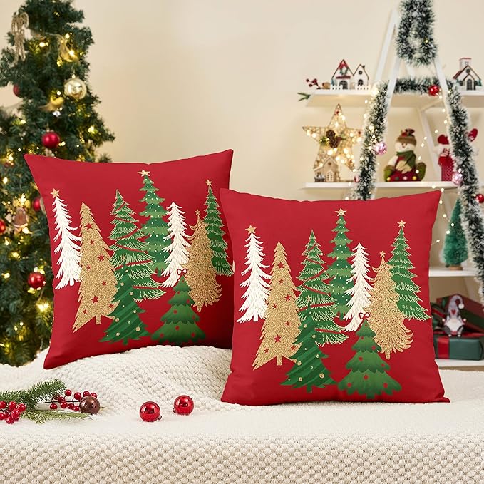 Christmas Pillow Covers 18x18 Inch Set of 2 Red Decorative Christmas Tree Throw Pillows Linen Winter Holiday Decor for Home Sofa Couch Bed Chair