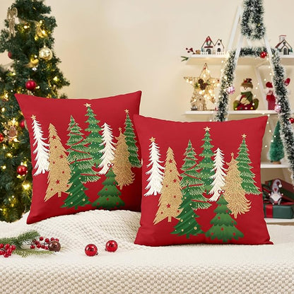 Christmas Pillow Covers 18x18 Inch Set of 2 Red Decorative Christmas Tree Throw Pillows Linen Winter Holiday Decor for Home Sofa Couch Bed Chair
