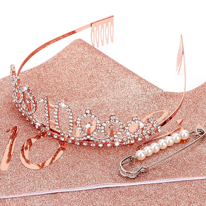 CIEHER 10th Birthday Crown, Sash + Pearl Pin Set - Decorations and Gifts for 10 Year Old Girl's Birthday Party Favors