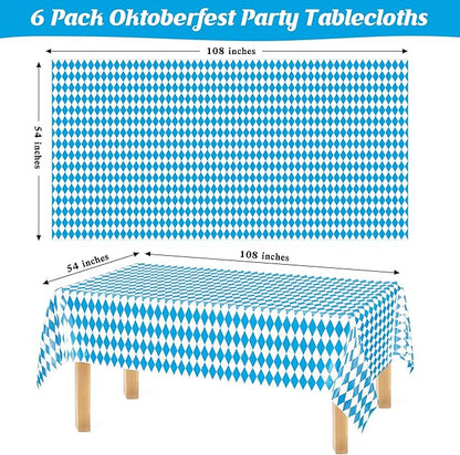 QZYL 6 PCS Oktoberfest Party Supplies, 54 X 108 in Rectangular Plastic Bavarian Blue White Diamond Checks Tablecloth, Disposable Oktoberfest Decorations, Tablecloth for Wonderland Picnic Beer Party