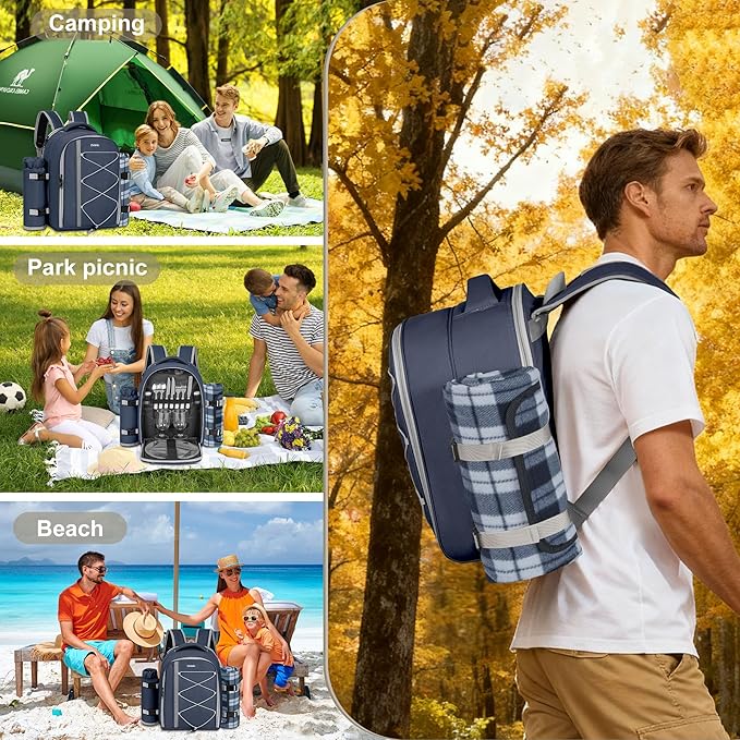 Picnic Backpack for 2 Persons with Insulated Leakproof Cooler Compartment, Cutlery Sets, Wine Holder, Fleece Blanket, Wedding Gifts for Couples, Perfect for Beach, Camping, Hiking, Blue