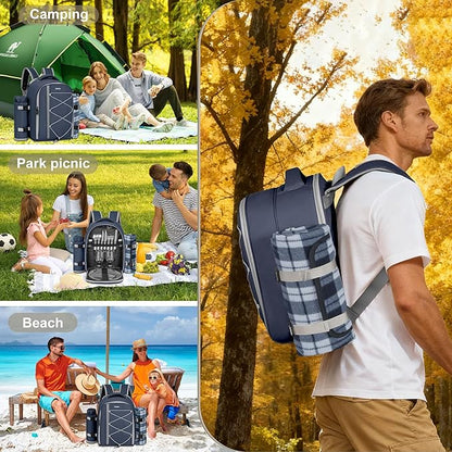 Picnic Backpack for 2 Persons with Insulated Leakproof Cooler Compartment, Cutlery Sets, Wine Holder, Fleece Blanket, Wedding Gifts for Couples, Perfect for Beach, Camping, Hiking, Blue