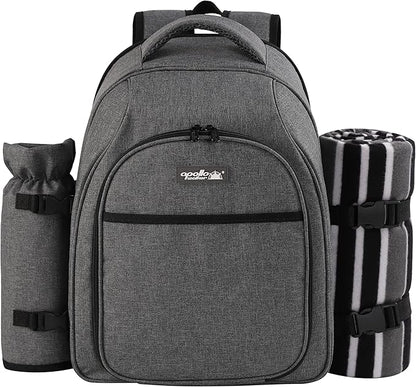 apollo walker Picnic Backpack Bag for 2 Person with Cooler Compartment, Detachable Bottle/Wine Holder, Fleece Blanket, Plates and Cutlery Set (2Person,Grey)