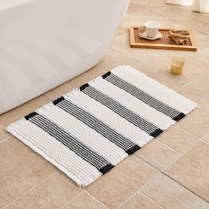 Waffle Bath Mat Non Slip, Boho Bathroom Rug, Super Absorbent Quick Dry Bathroom Mat, Soft Farmhouse Bath Rug with Tassels, Small Washable Shower Mats for Floor 16"x24", White and Black