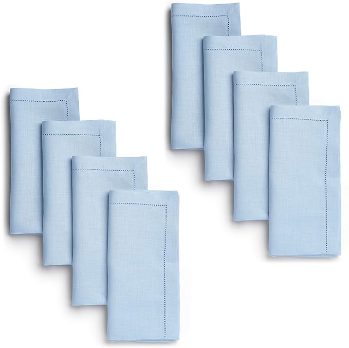 D'Moksha Homes Powder Blue Linen Napkins Set of 8 - Classic Hemstitch 100% Pure Linen Dinner Napkins Cloth 20 x 20 Inch for Winter, Christmas, Holiday - Handcrafted and Machine Washable