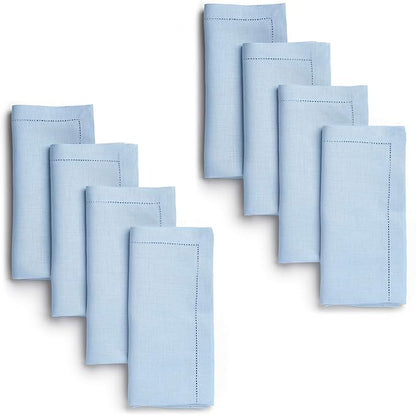 D'Moksha Homes Powder Blue Linen Napkins Set of 8 - Classic Hemstitch 100% Pure Linen Dinner Napkins Cloth 20 x 20 Inch for Winter, Christmas, Holiday - Handcrafted and Machine Washable