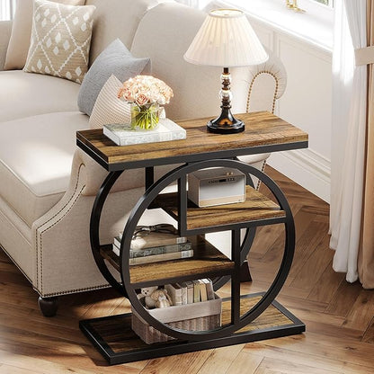 Tribesigns End Table Set of 2, 4-Tier Narrow Side Table with Storage Shelves, Wood Small Sofa Side Table with Geometric Metal Frame, Industrial Bedside Table for Bedroom, Living Room, Rustic Brown