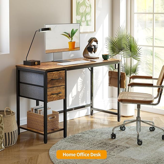 CubiCubi Computer Desk with 2 Drawers, 47 Inch Small Home Office Desk with Storage Study Writing Table, Light Brown