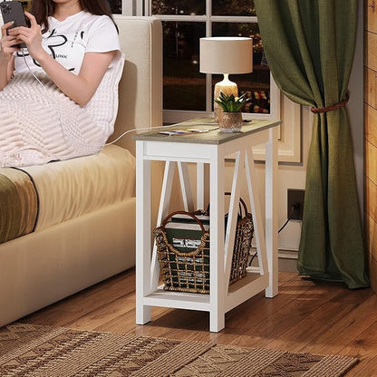 WLIVE End Tables Living Room Set of 2 with Charging Station, Sofa Side Tables with Open Storage Shelf, Slim Farmhouse End Table Sets, Greige