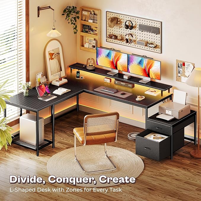 PRAISUN 66" L Shaped Gaming Desk with LED Lights & Power Outlets, Computer Desk with Fabric Drawers and Print Stand, Corner Office Desk, Monitor Stand, Mesh CPU Stand, Carbon Fiber Black