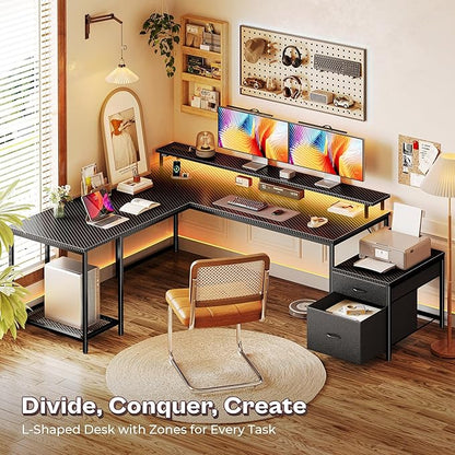 PRAISUN 66" L Shaped Gaming Desk with LED Lights & Power Outlets, Computer Desk with Fabric Drawers and Print Stand, Corner Office Desk, Monitor Stand, Mesh CPU Stand, Carbon Fiber Black