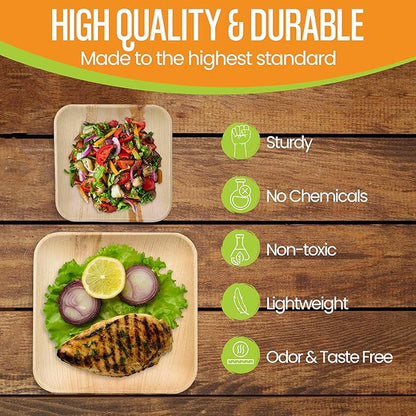 Raj Palm Leaf Plates Disposable Bamboo Plates 10 Inch & 7 Inch Square Bulk Party Pack (50 Pc) Compostable and Biodegradable - Better than Plastic & Paper Plate for Lunch, Birthday, Camping