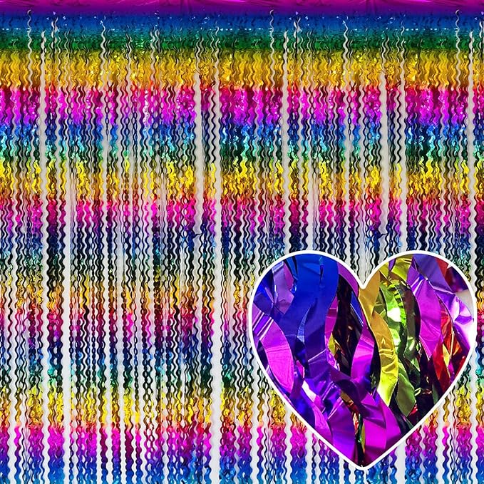 4 Pack Rainbow Fringe Curtain Backdrop 3.2Ft x 8.2Ft Metallic Tinsel Foil Fringe Streamers Background for Photo Booth Mother's Day, Easter, Carnival, Birthday, Wedding Party Decoration