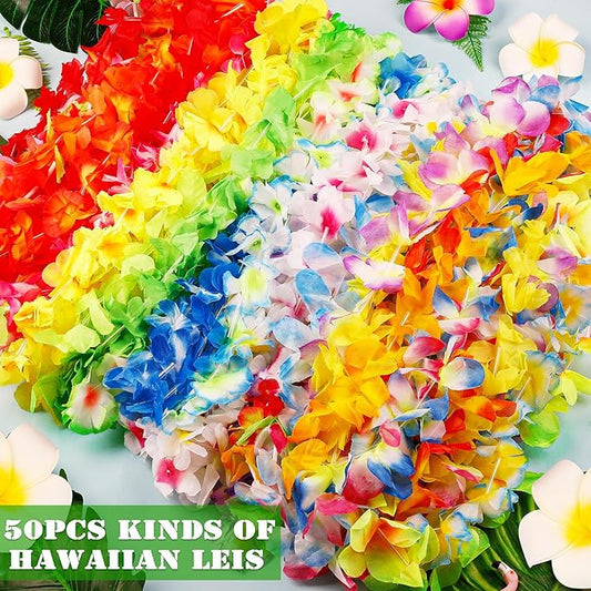100pcs Luau Party Decorations, Silk Hawaiian Leis Tropical Flower Necklaces, Colorful Hula Dance Bulk Leis Decor, Flower Hawaiian Leis for Summer Beach Pool Theme Party Decorations Favors Supplies