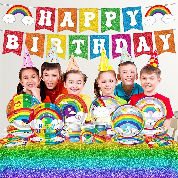 Rainbow Birthday Party Supplies Rainbow Theme Party Decorations for Boy, Include Tablecloth Banner Plate Napkin Cups
