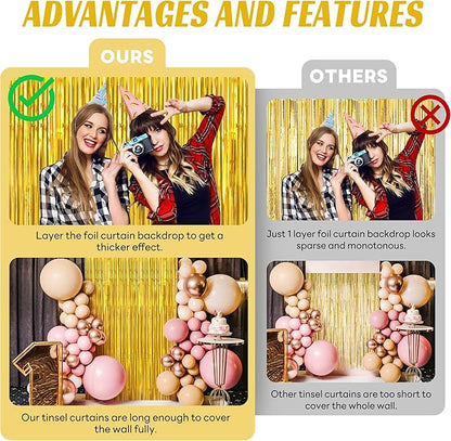 BTSD-home 10 Pack Gold Foil Fringe Curtain, Metallic Photo Booth Backdrop Tinsel Door Curtains for Wedding Birthday Bridal Shower Baby Shower Bachelorette Christmas Party Decorations(8ft x 3ft)