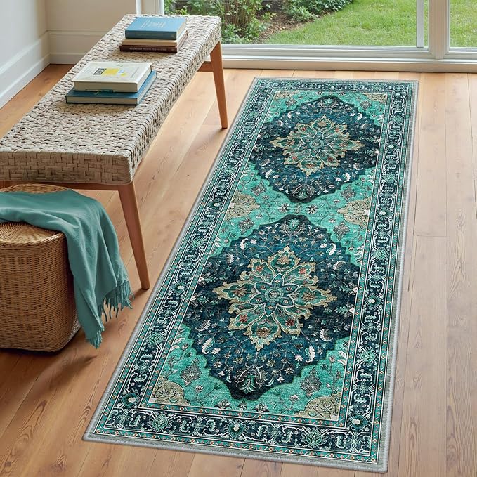 Area Rugs 3'x6' Runner Rug Non Slip Washable for Kitchen Hallway Bedroom Beside Laundry Room Bathroom Rug, Floor Carpet, Teal Green Lake Blue Turquoise