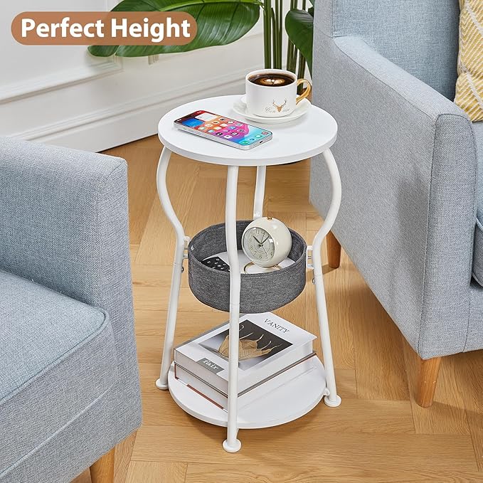 Small Round Side Table with Storage Bag, 3-Tier Accent Round End Table with Four Storage Functions for Living Room, 21.6" H Vintage Smalls Corner Table for Small Spaces Nightstand Bedroom