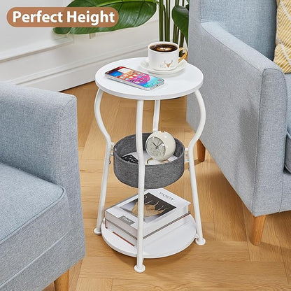 Small Round Side Table with Storage Bag, 3-Tier Accent Round End Table with Four Storage Functions for Living Room, 21.6" H Vintage Smalls Corner Table for Small Spaces Nightstand Bedroom