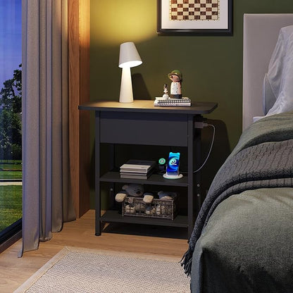 WLIVE End Table with Charging Station, Flip Top Narrow Side Table with Storage Shelf, Small Nightstand with USB Ports and Outlets,Bedside Table for Living Room, Bedroom,11.8" D x 23.6" W x 24.3" H