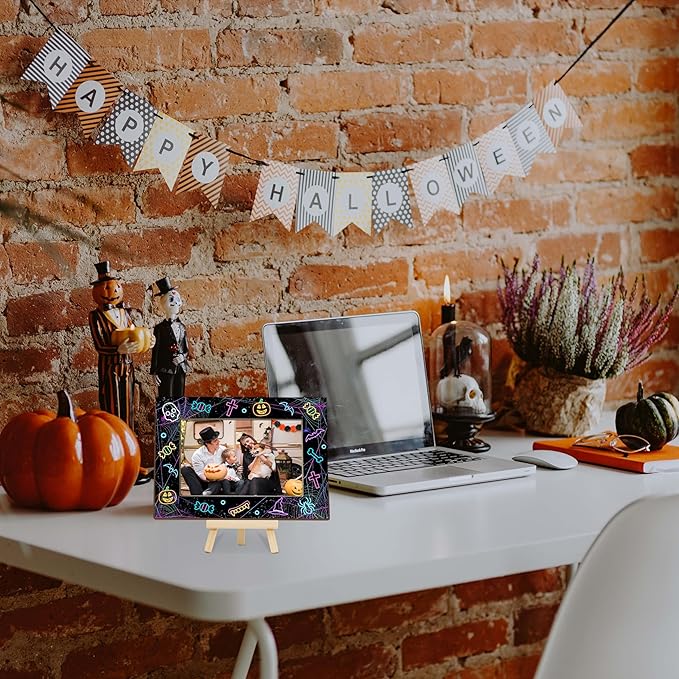 Halloween Picture Frame, 4×6 Pumpkin Wooden Photo Frame for Home Decor Tabletop Display, Web Gifts for Family Friends - A03