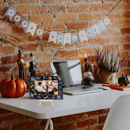 Halloween Picture Frame, 4×6 Pumpkin Wooden Photo Frame for Home Decor Tabletop Display, Web Gifts for Family Friends - A03
