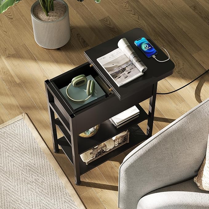 WLIVE End Table with Charging Station, Flip Top Narrow Side Table with Storage Shelf, Small Nightstand with USB Ports and Outlets,Bedside Table for Living Room, Bedroom,11.8" D x 23.6" W x 24.3" H