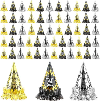 60 Pcs Happy New Year Hats Paper Cone Hat with Gold Foil Tassel New Year Eve Party Decoration for New Years Countdown Party Favors, 3 Colors
