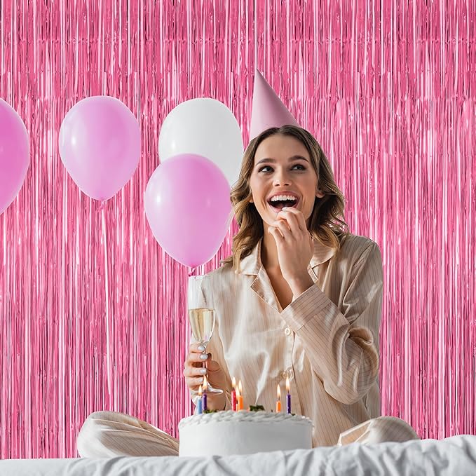 2 Pack Pink Party Decorations, 3.28 FT x 7.05 FT Pink Backdrop, Metallic Tinsel Backdrop Fringe Curtains Backdrop Curtains, Photo Backdrop Party Supplies Birthday Party Decorations