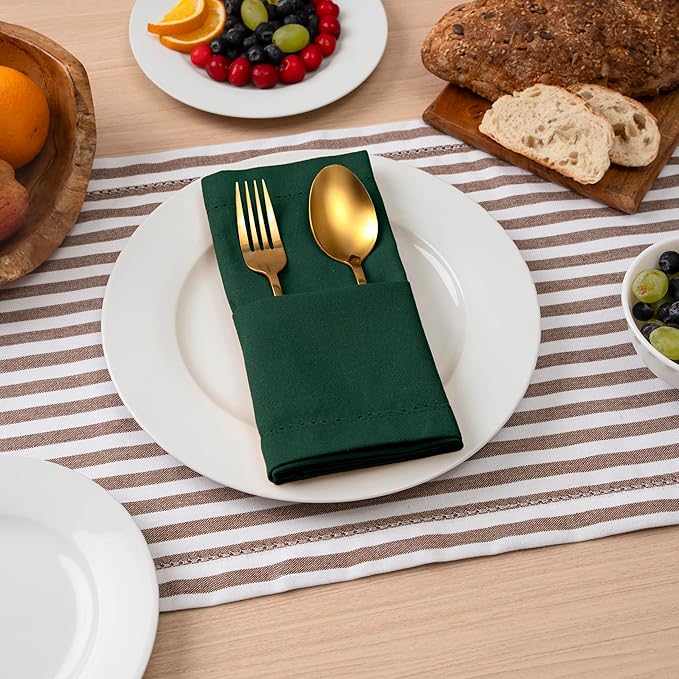 Blue Needles Set of 6 Hemstitch Linen Napkins 100% Cotton Forest Green Cloth Dinner Napkins 18x18 inches, Soft, Reusable, Absorbent, Washable, Ideal for Fall Thanksgiving Events Parties & Everyday Use
