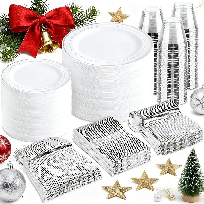 bUCLA 600pcs Silver Plastic Dinnerware Set for 100 Guests - Silver Christmas Dinnerware Set Disposable for Party - Include 100 Dinner Plates,100 Dessert Plates,100Cups,100 Knives,100 Forks,100 Spoons