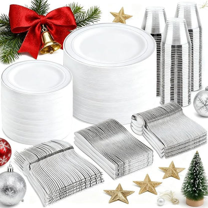 bUCLA 600pcs Silver Plastic Dinnerware Set for 100 Guests - Silver Christmas Dinnerware Set Disposable for Party - Include 100 Dinner Plates,100 Dessert Plates,100Cups,100 Knives,100 Forks,100 Spoons