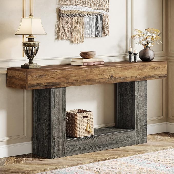 Tribesigns 63" Console Table, Farmhouse 2-Tier Entryway Table with U-Shaped Base, Narrow Long Wood Sofa Table Behind Couch Table for Living Room, Hallway, Foyer, Vintage Brown & Gray | Farmhouse, Entryway Table, Narrow, Long, Sofa Table, Behind Couch T...