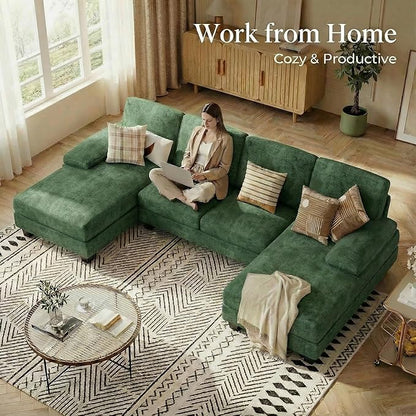 Homall Modular Sectional U Shaped Sofa Couches for Living Room, Comfy Chenille 4 Seat Sofa Set with Removable Pillows, Lounge Chaise Upholstered Couch for Apartment (Chenille, Green)