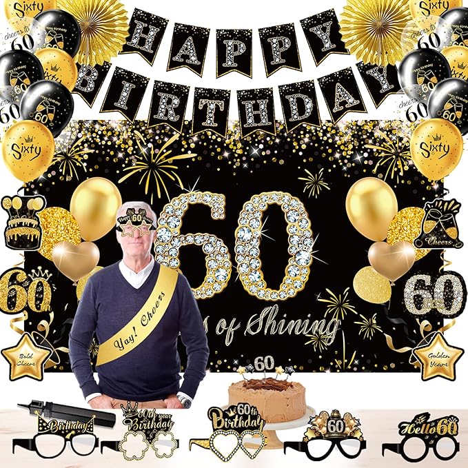 60th Birthday Decorations,39pcs-60th Birthday Decorations for Men & Women,Black Gold 60th Birthday Eyeglasses Decorations Banner Balloons Backdrop Hanging Swirls Paper Fans ,1965 Banner Party Supplies