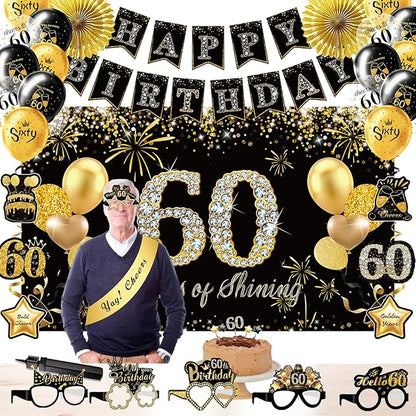 60th Birthday Decorations,39pcs-60th Birthday Decorations for Men & Women,Black Gold 60th Birthday Eyeglasses Decorations Banner Balloons Backdrop Hanging Swirls Paper Fans ,1965 Banner Party Supplies