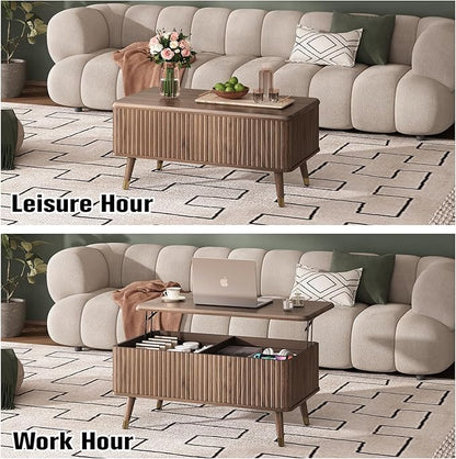 Lift Top Coffee Table with Storage, Mid Century Modern Fluted Wood Design,Pop-Up Walnut Center Table with Hidden Compartment for Living Room & Home Office Work/Dining