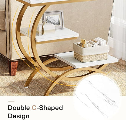 Tribesigns C-Shaped End Table, Industrial 3-Tier Small Side Table for Couch, Wood Bedside Table Snack Side Table with Storage Shelves for Living Room Small Space, White Gold