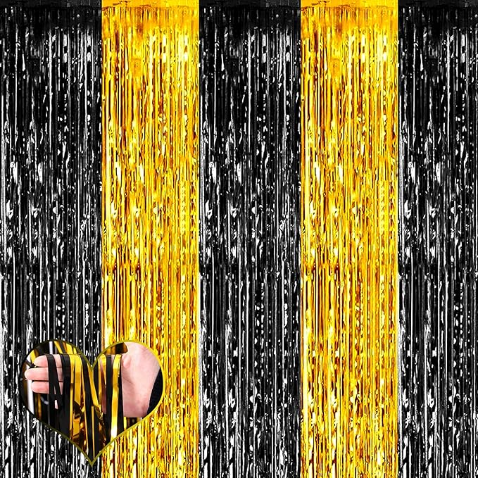 4 Pack 3.2Ft x 8.2Ft Black and Gold Fringe Curtain Backdrop, Metallic Tinsel Foil Fringe Streamers Curtains Background for Photo Booth Birthday Wedding Graduation Carnival Party Decorations