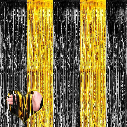 4 Pack 3.2Ft x 8.2Ft Black and Gold Fringe Curtain Backdrop, Metallic Tinsel Foil Fringe Streamers Curtains Background for Photo Booth Birthday Wedding Graduation Carnival Party Decorations
