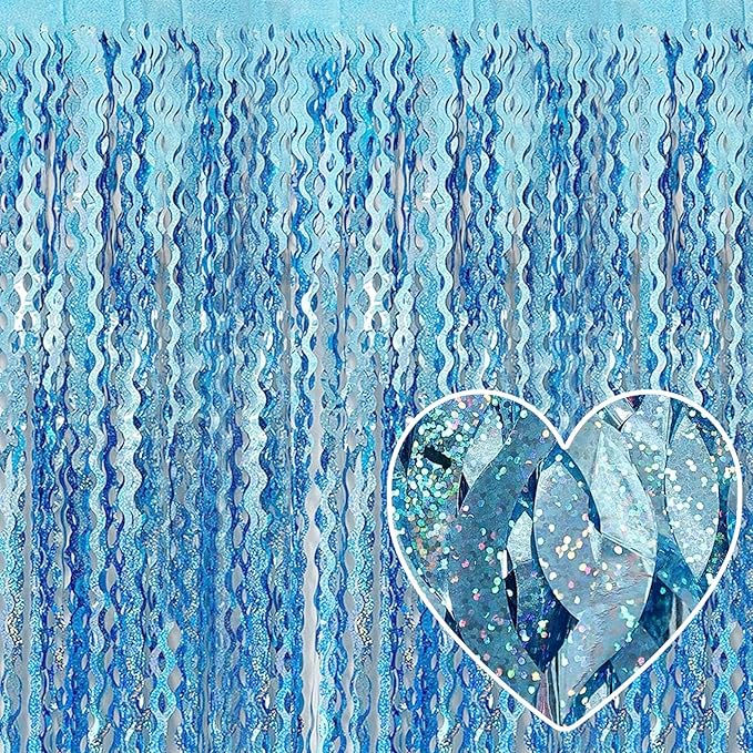 4 Pack Light Blue Fringe Curtain Backdrop 3.2Ft x 8.2Ft Metallic Tinsel Foil Fringe Streamers Background for Photo Booth, Easter, Mother's Day, Bachelorette, Wedding, Birthday Party Decoration